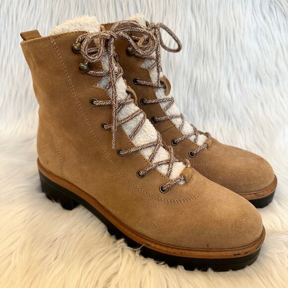 Marc Fisher Izma Boot Faux Shearling Suede Lace Up Flat Winter Boots, Brown - Picture 1 of 11